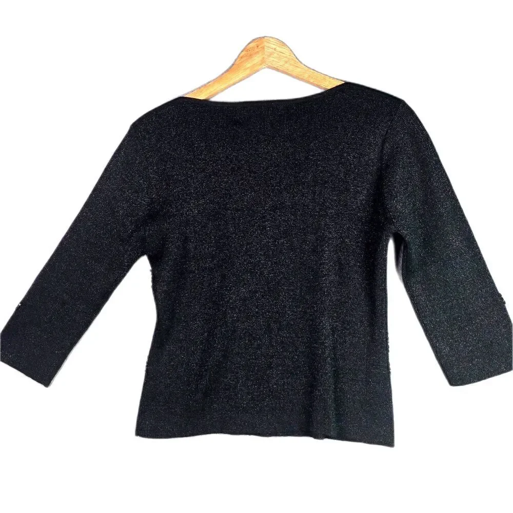 Joseph A L Black Sequin Silk Metallic Sweater Top 3/4 Sleeve